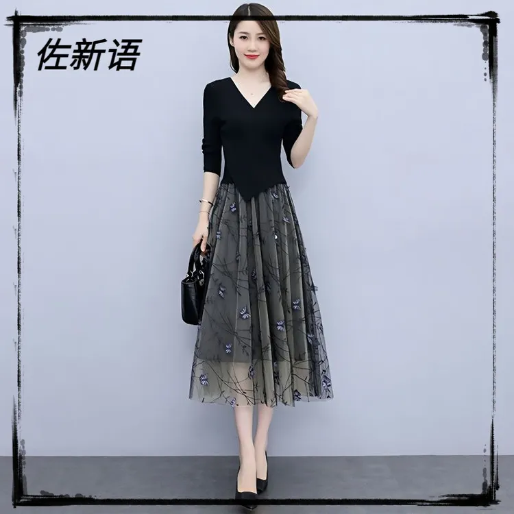 ll长袖连衣裙女春秋新款2024洋气百搭漂亮时尚气质名媛假两件套l