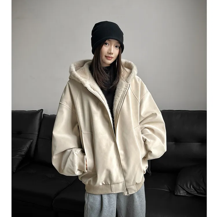 荔枝纹皮1500G连帽座山雕PU皮外套男女冬季加绒加厚皮衣毛领棉衣