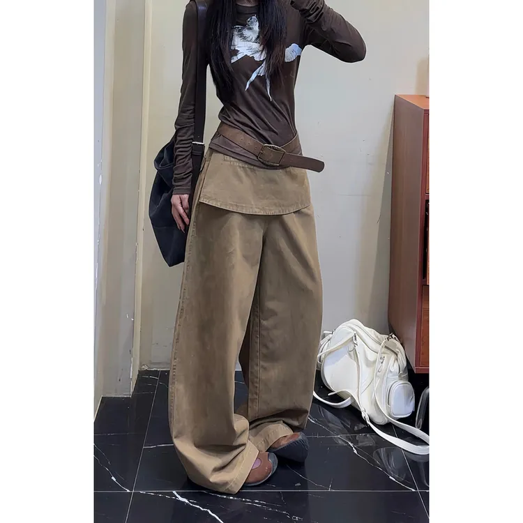 美式复古卡其色屁帘牛仔裤女2025秋季新款街头辣妹假两件微喇裤子