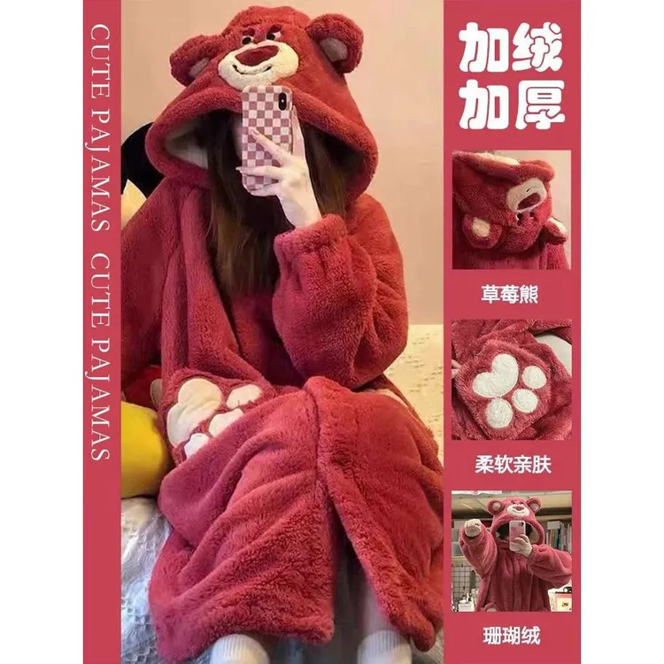 范哲萨珊瑚绒睡衣冬季女秋冬长款草莓熊玉桂狗睡袍学生加绒加厚20