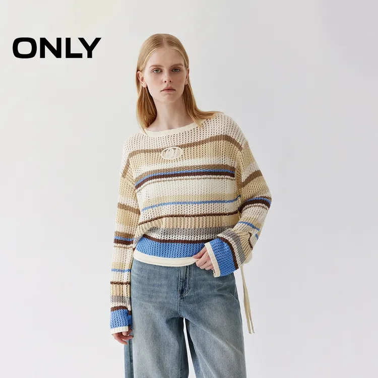 ONLY2025秋季新款活力撞色条纹镂空宽松落肩针织衫女|125324006