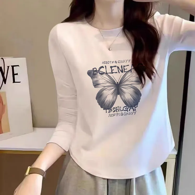 BCLENEAC蝴蝶新款显瘦小个子纯棉长袖上衣早秋时尚内搭打底衫女