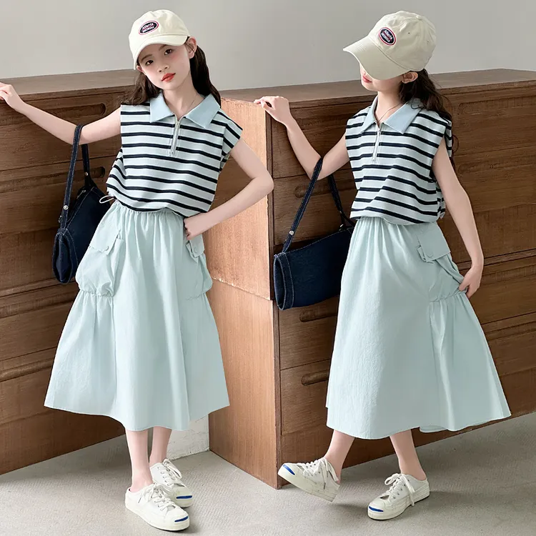 潮牌童装女童夏装套装裙子中大童2025新款小女孩洋气半身裙两件套