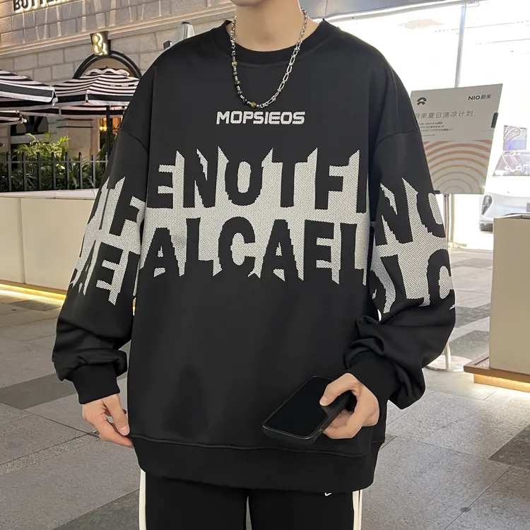 美式慵懒chic卫衣男款春秋季圆领宽松青少年外套高级感印花上衣