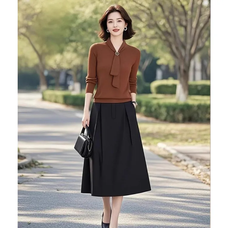 洋气减龄系带针织时尚套装女2025秋季新款针织上衣半身裙两件套