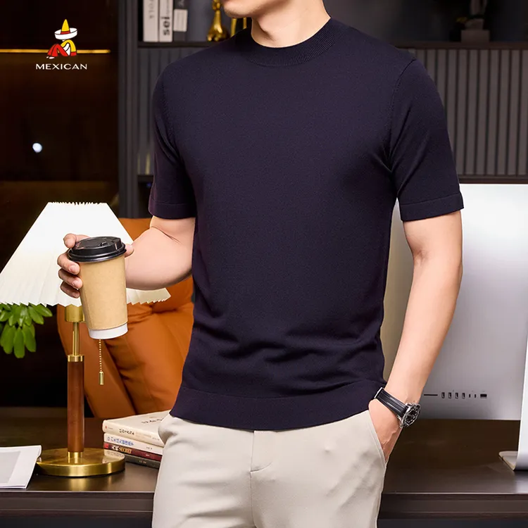 Mexican/稻草人男士秋冬针织短袖体恤打底衫纯色休闲纯色圆领T恤