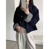 新款韩版简约复古袖口拼色格子牛仔外套N25356