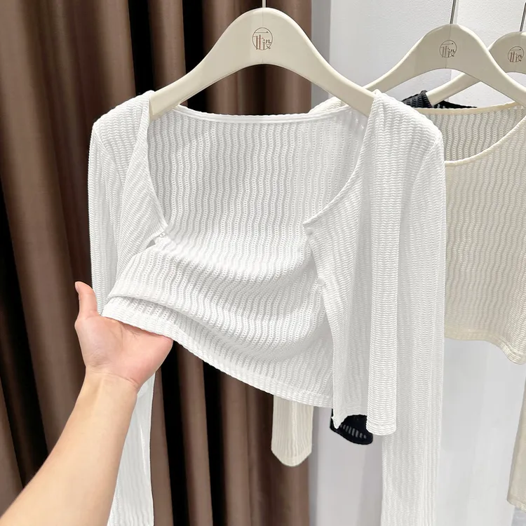 白色法式小圆领针织开衫女春季新款配裙子防晒披肩上衣长袖短外套