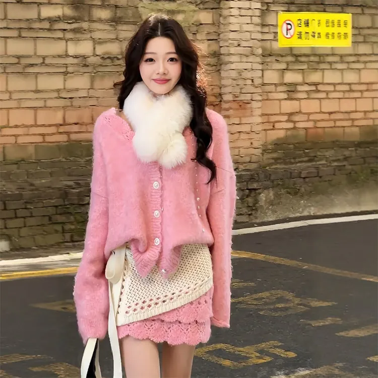 气质千金风粉色毛衣套装女秋冬甜美软糯V领针织开衫半身裙两件套