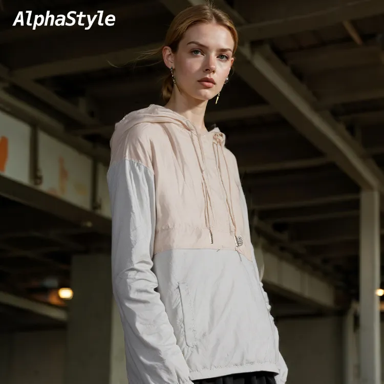 AlphaStyle潮牌夏季连帽风衣撞色轻薄透气运动潮流情侣款套头衫