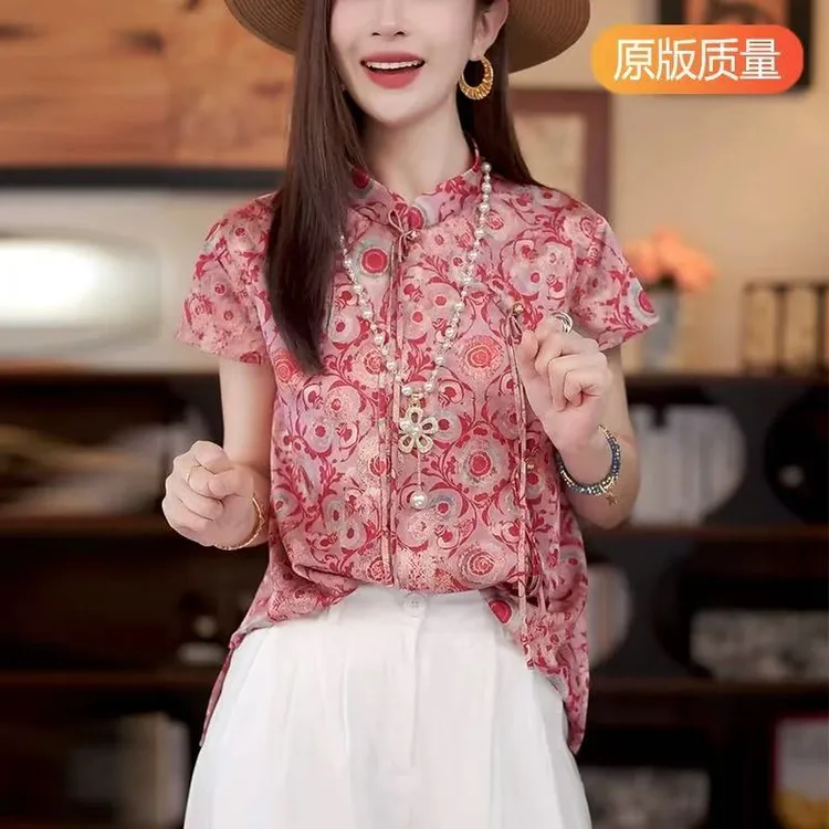 J049【清】新中式上衣女夏复古立领斜襟衬衫绝美国风提花短袖小衫