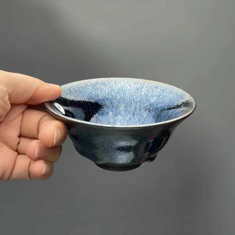 吴兴乾柴烧建盏【二元釉】月色银蓝油滴 压手杯  