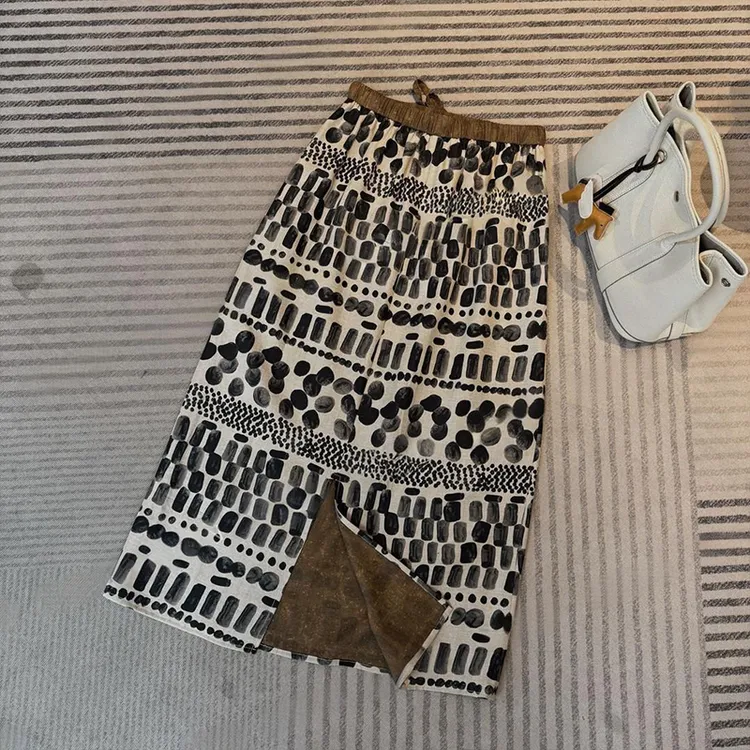 韩系气质复古印花半身裙2025年夏季新款高腰减龄宽松垂感A字裙潮