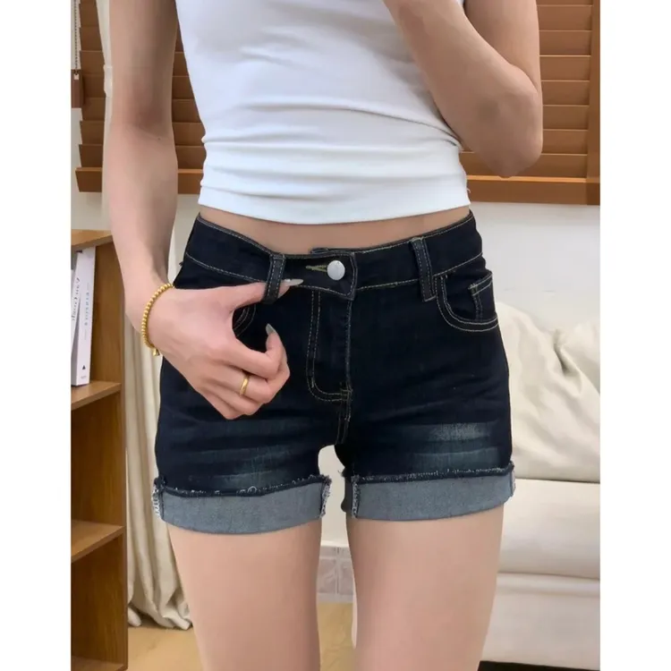 【加长3cm】美式辣妹高腰性感超短裤热裤牛仔裤女深蓝色卷边短裤子