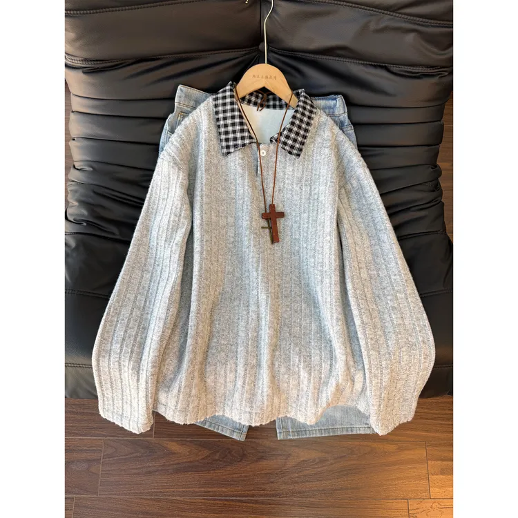 美式格子拼接Polo衫男秋冬加绒坑条纹长袖T恤高级感休闲打底卫衣