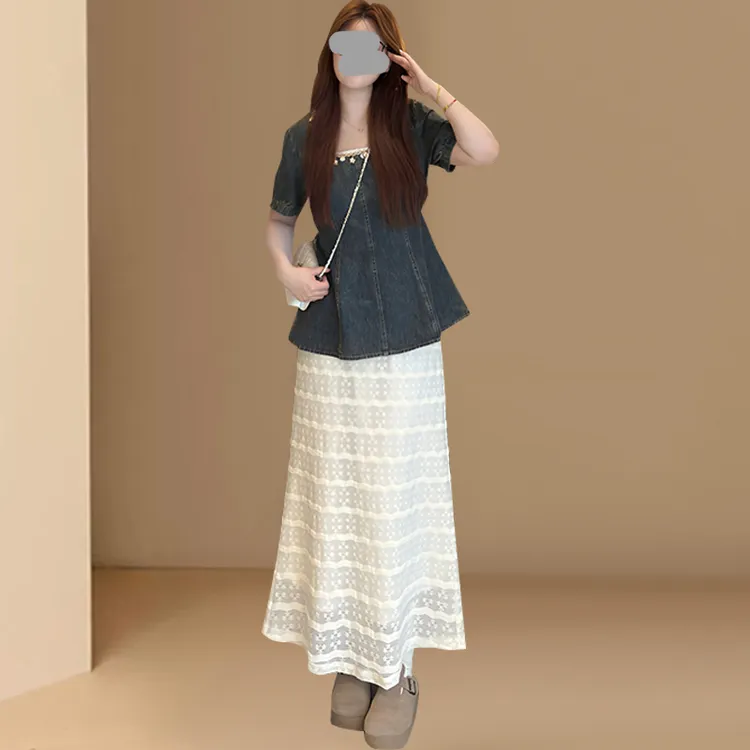 2025夏季高级感大码女装复古港风牛仔上衣花边层次感半身裙两件套