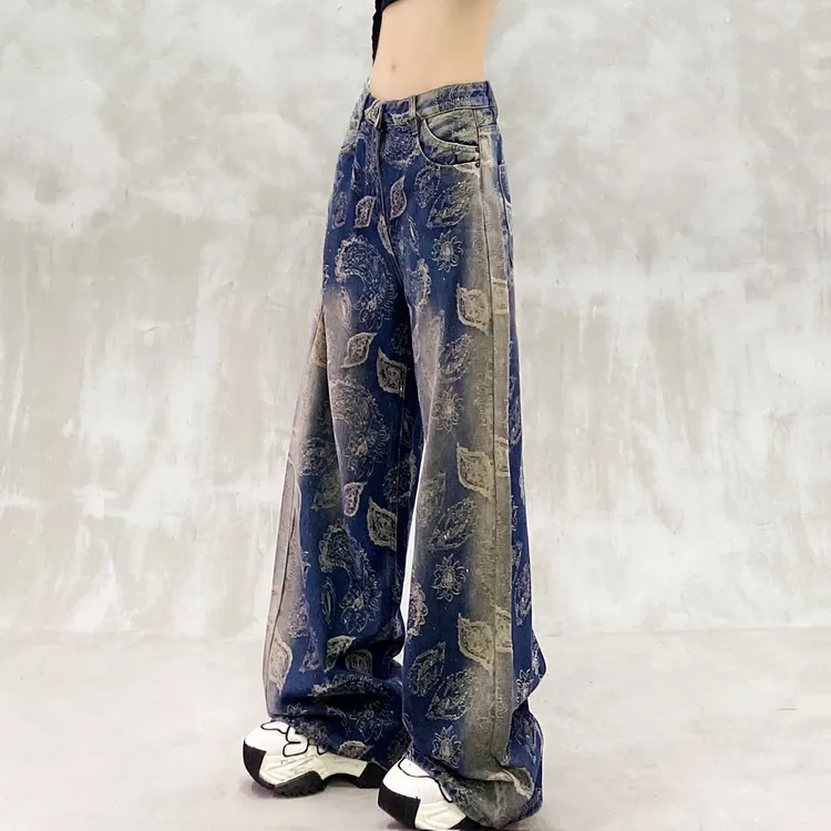拼色印花设计水洗休闲牛仔裤女秋新款高腰宽松显瘦百搭直筒阔腿裤