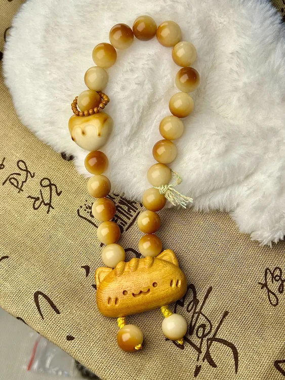 大猫猫炭烧爱心焦糖菩提根圆珠手持