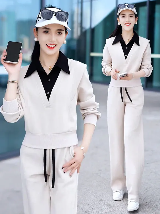 时尚运动套装女2025春秋新款洋气减龄POLO衫高腰阔腿裤减龄两件套