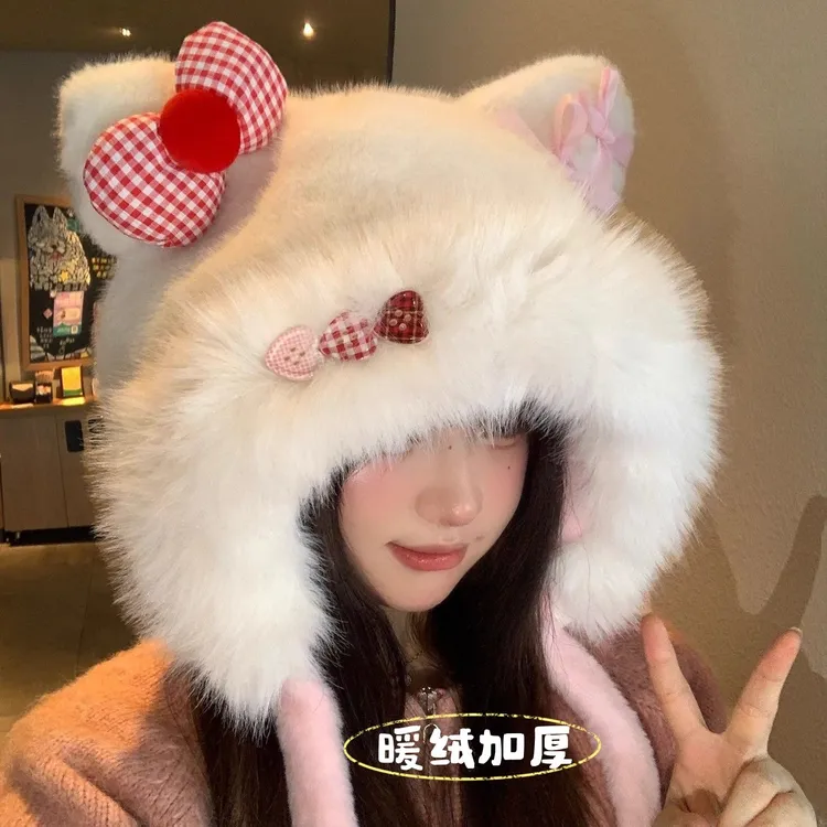 可爱猫耳朵蝴蝶结毛绒帽女秋冬甜美加厚保暖防寒护耳加绒雷锋帽子