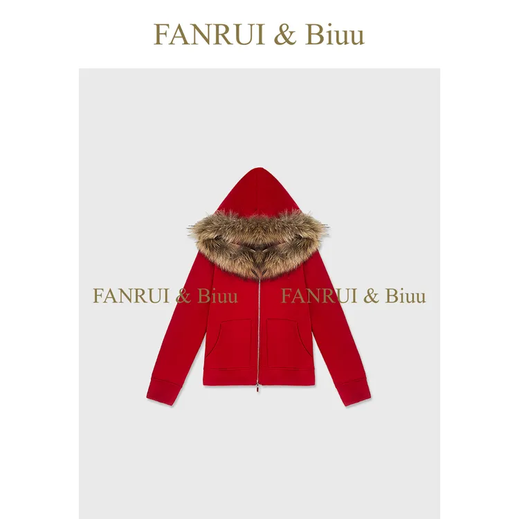 FANRUI/泛芮 「抽象色域」貉子毛领拼接轻奢洋气高级卫衣外套B19584