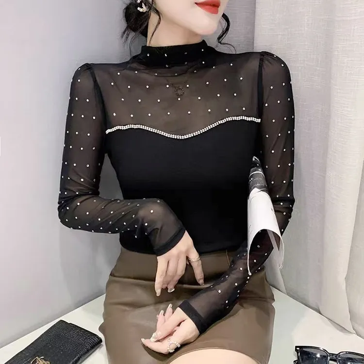 网纱拼接打底衫女秋冬性感气质半高领上衣重工烫钻漂亮长袖T恤ins