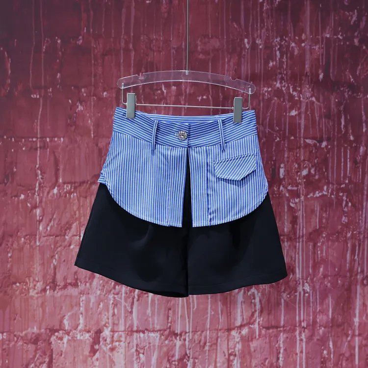 【韩哥女装】设计师高定欧货小众轻奢黑蓝撞色条纹时装短裤6651A