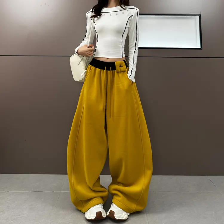 2025秋冬新款时尚韩版百搭拼色腰头立体剪裁宽松阔腿休闲拖地裤女