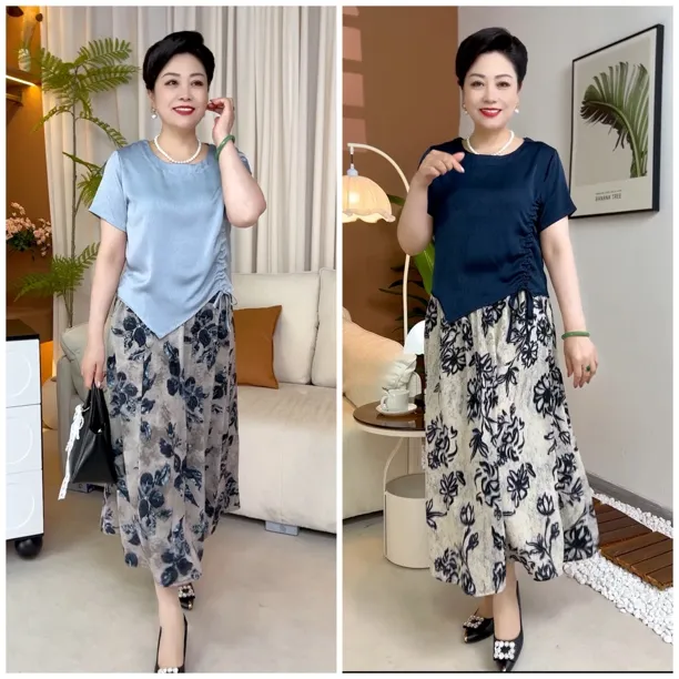 气质妈妈夏装短袖T恤搭配碎花半身裙套装薄款洋气显瘦百搭减龄