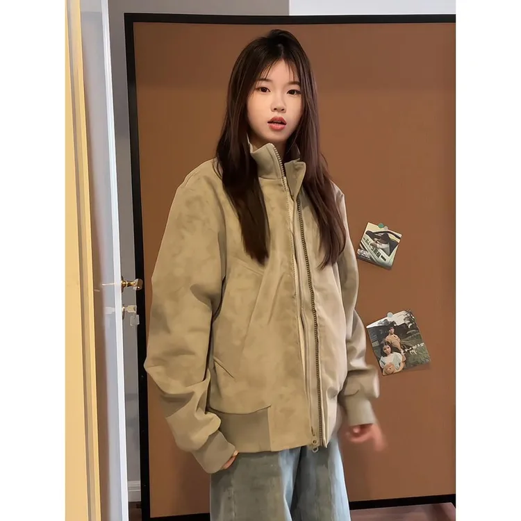 美式短款扎染皮衣夹克男女冬季加绒保暖棉衣外套廓形立领飞行棉服