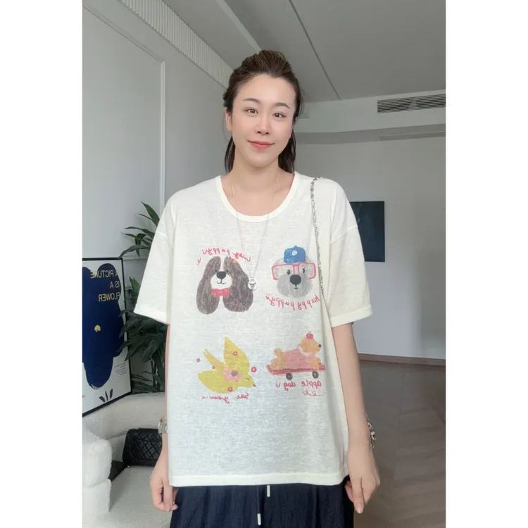 美亚恩NANA【快乐小狗】宽松圆领卡通风印花小狗短袖T恤C0330