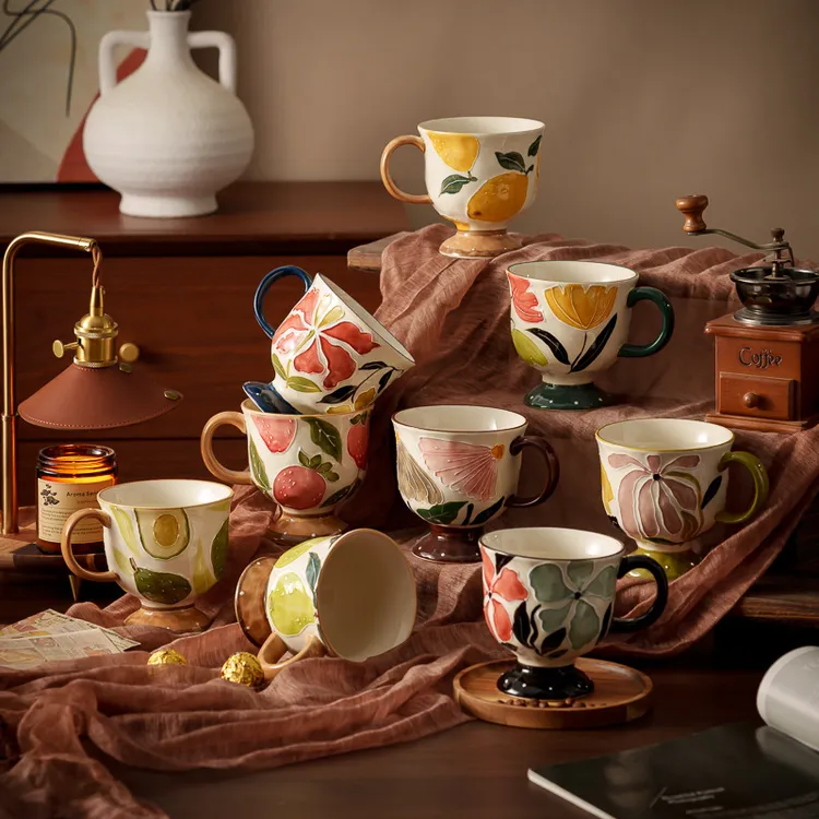 500ML高温釉下彩手绘早餐杯牛奶咖啡杯礼盒装马克杯高颜值中古杯