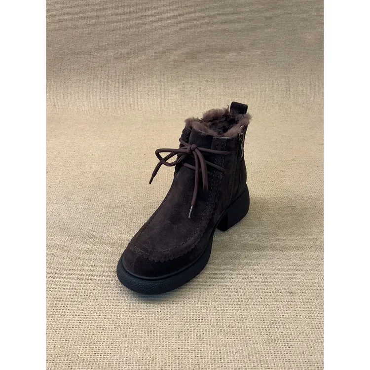 nnmiss/5cm复古风圆头磨砂粗跟加绒短靴极简风系带通勤时装靴