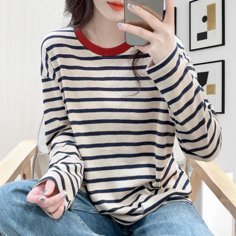 撞色圆领条纹T恤女秋季冬雪花棉慵懒松弛外穿百搭显瘦长袖上衣