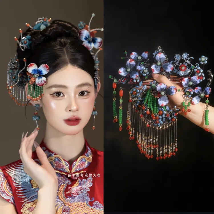 可爱新娘秀禾头饰复古色新中式宫廷蓝色绒花结婚发饰RL250810