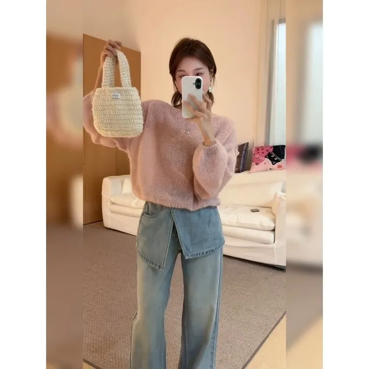 2025巨好看的早秋轻薄氛围感穿搭精致小个子粉色长袖针织衫上衣女