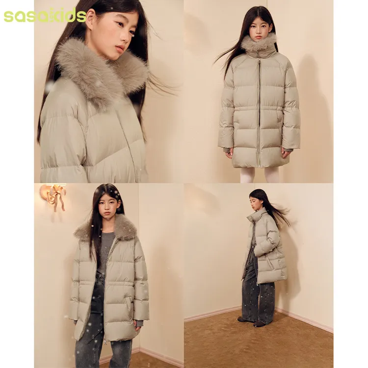 sasakids【90%白鹅绒】秋冬中长羽绒服90白鹅绒可拆卸毛领女童