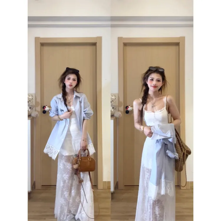 蓝色拼接蕾丝花边长袖衬衫减龄防晒衬衣半身裙a字长裙蕾丝裙子女