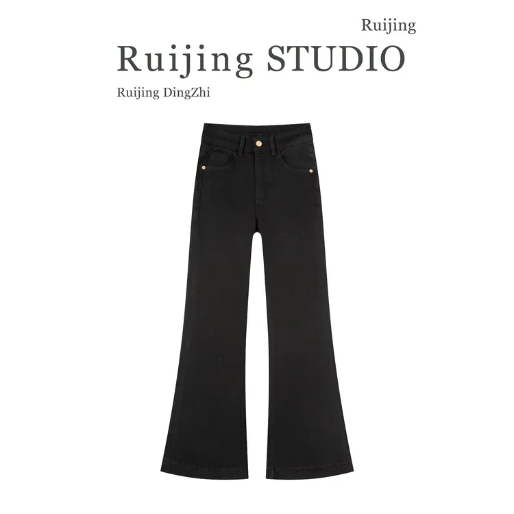 新款筒喇裤牛仔裤高级黑色高腰高弹气质喇叭裤显瘦