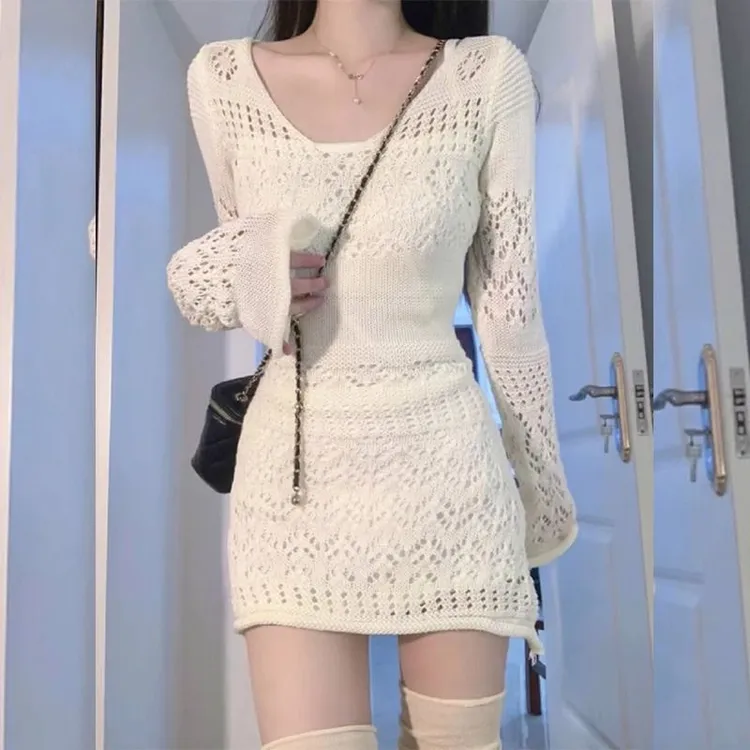 白色镂空针织连衣裙子女2025新款夏季法式气质高级感辣妹包臀短裙