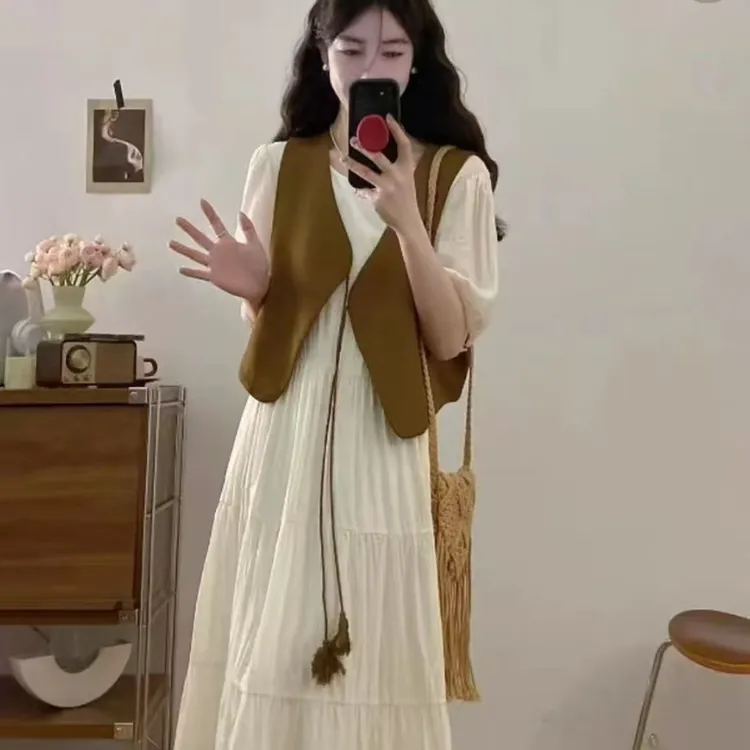 6690大码显瘦连衣裙女新款夏季胖MM遮肚显瘦裙子马甲套装