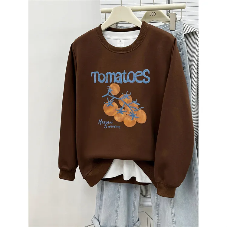 正肩卫衣女秋冬美式复古番茄印花圆领慵懒风宽松大码加绒加厚上衣