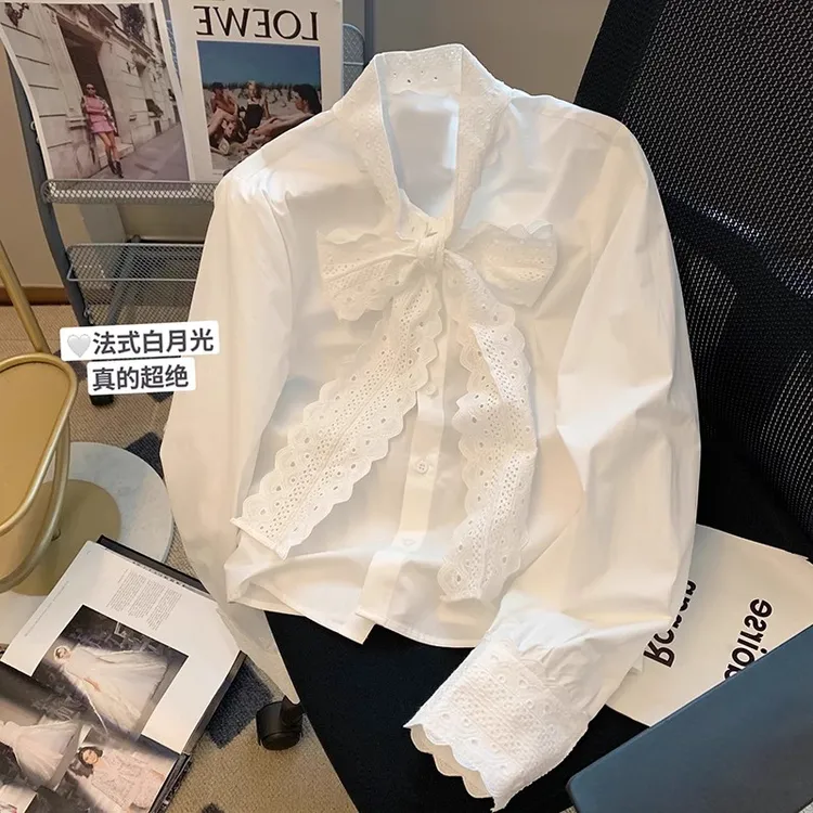 白色拼接蕾丝花边蝴蝶结打底衬衫女新款早春衬衣叠穿内搭上衣