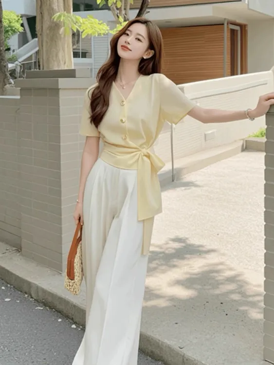 2025新款盐系炸街夏装搭配韩系小个子显高时尚上衣阔腿裤两件套装