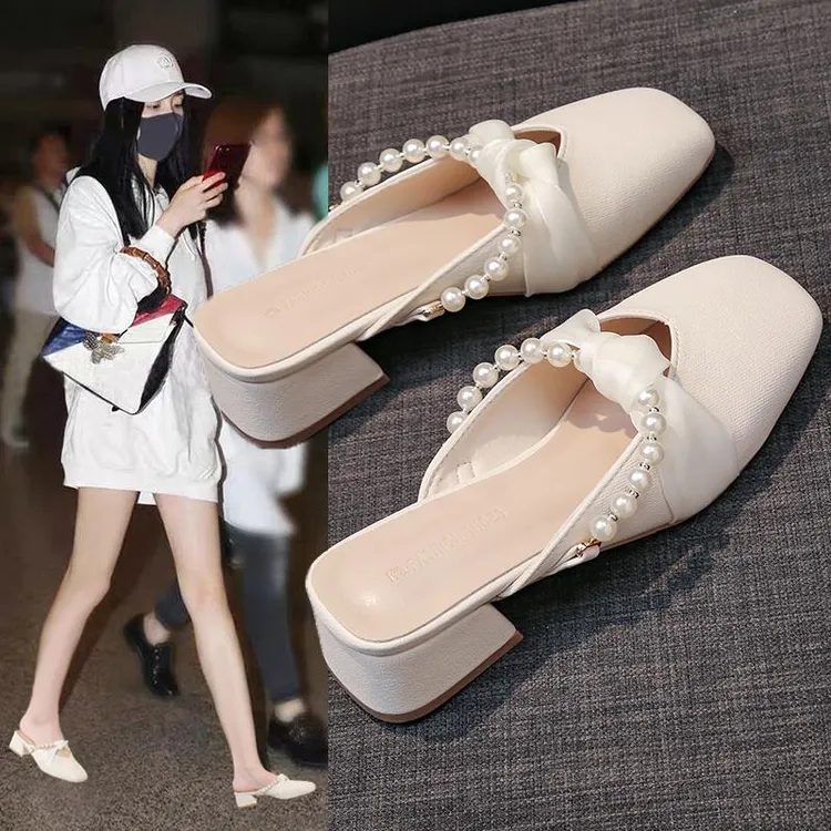 法式仙女风法式珍珠包头半拖鞋女春夏新款高跟鞋粗跟中跟懒人外穿