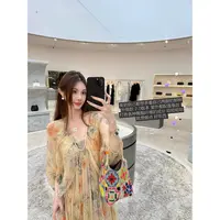 6米双层用料 黄色碎花宽松真丝新中式连衣裙夏薄