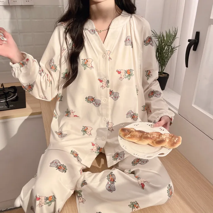 A类带胸垫月子服产后哺乳孕妇睡衣长袖夏天薄款产妇大码家居服