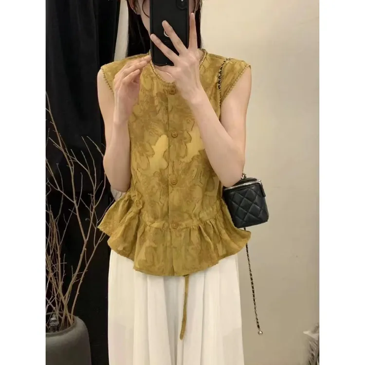 新中式国风蕾丝提花单排扣无袖衬衫2025夏季新款女高级感洋气上衣