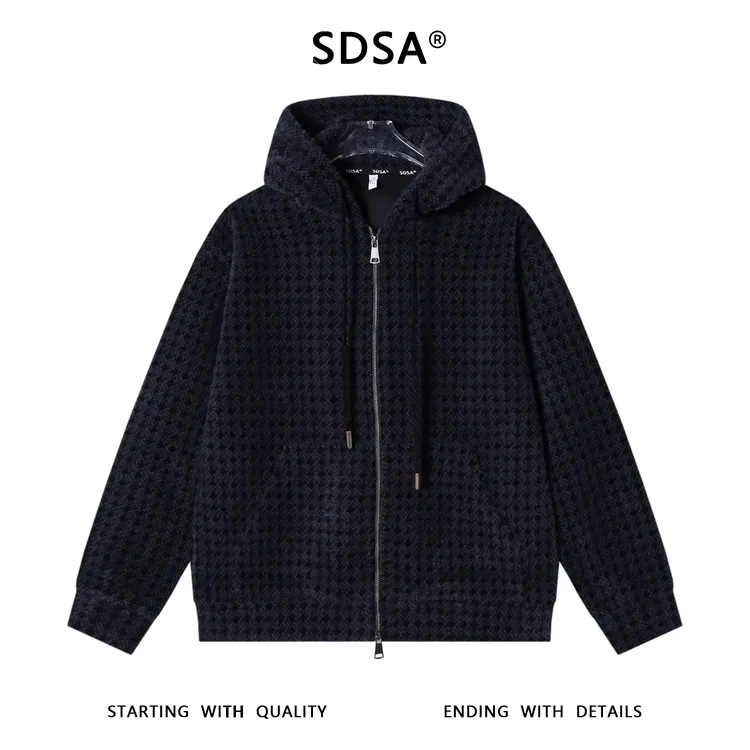 SDSA男士秋冬新款痞帅男装潮牌绒毛拉链开衫连帽卫衣暗纹百搭上衣
