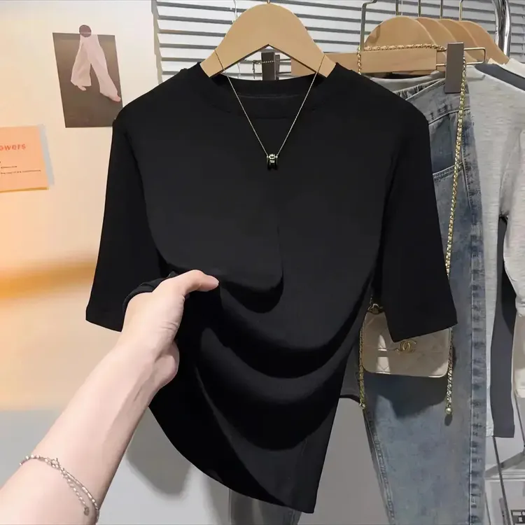 【认准正版】黑色打底衫修身中袖上衣半袖T恤新款五分袖上衣女款商品图